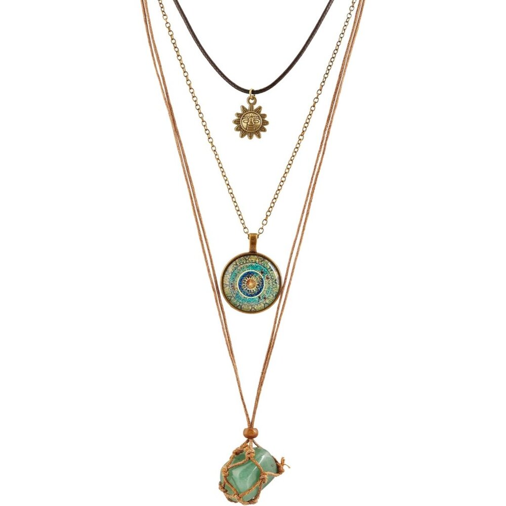 Bohemian Retro Style Multi Layer Necklace, Green Crystal Sun and Floral Pendant,